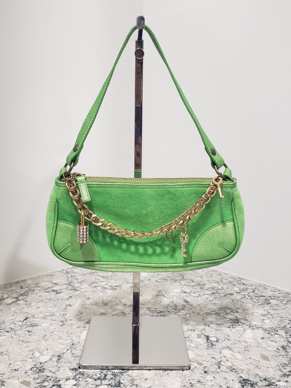 Green Velvet Shoulder Bag with Gold Chain Accent